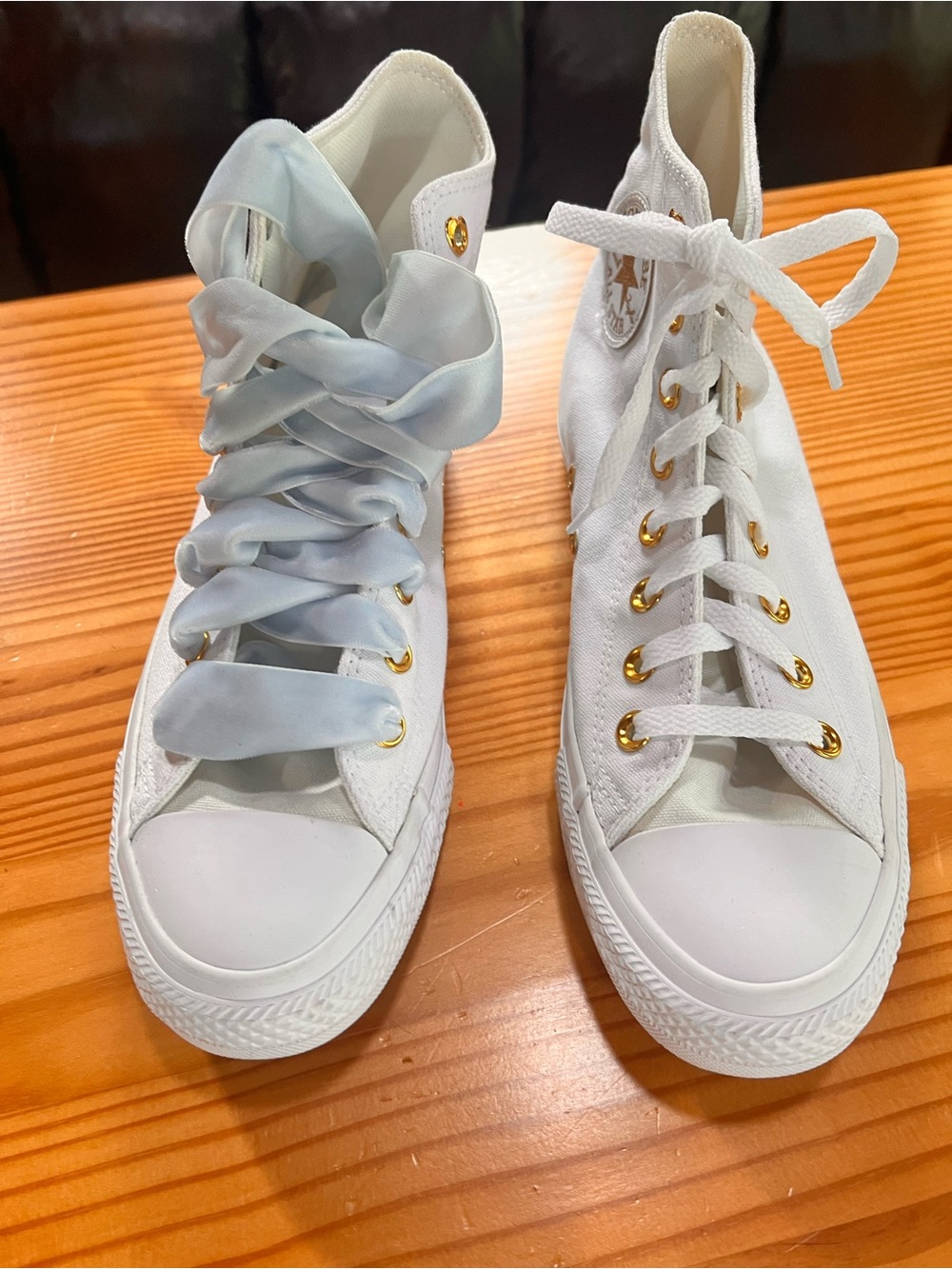 White High-Top Canvas Sneakers with Gold Eyelets and Satin Ribbon Laces